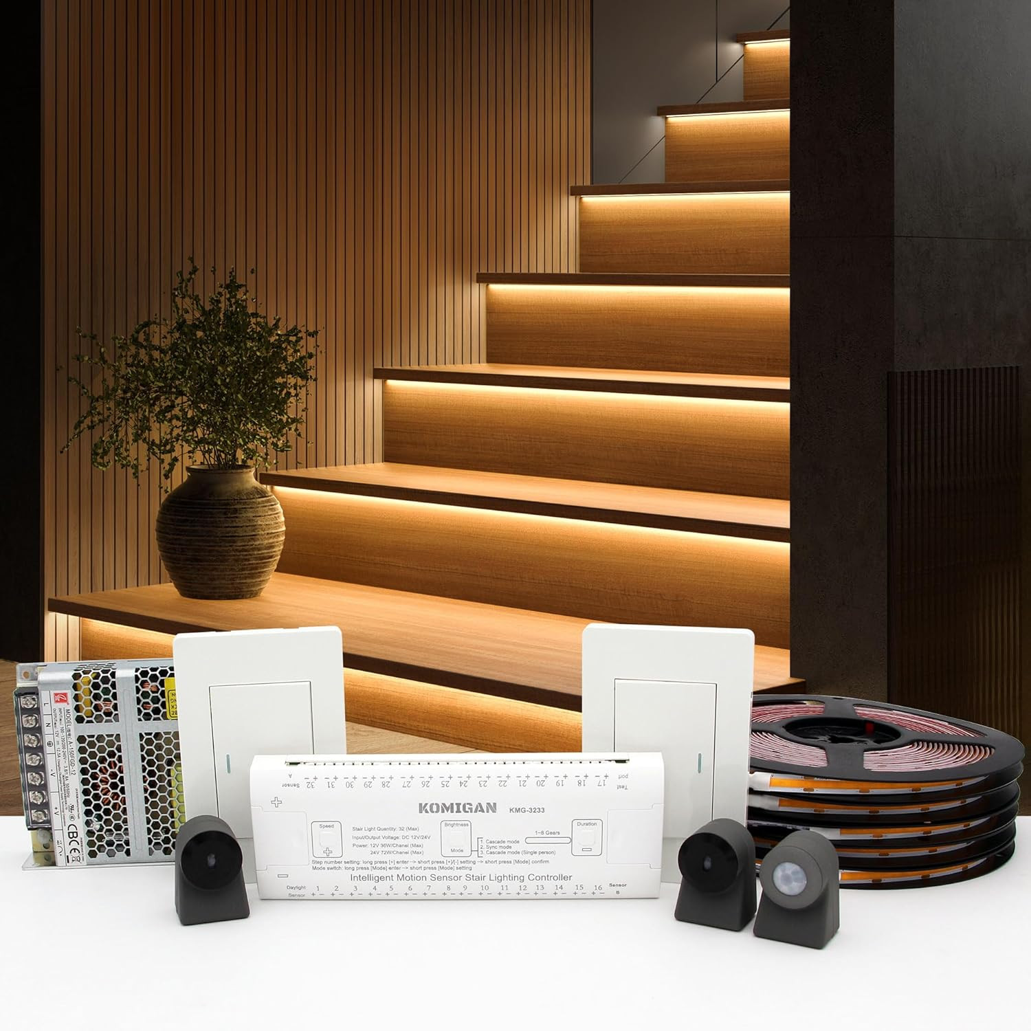 Motion-Activated LED Stair Lights 48 Strip Warm White 12 Steps Indoor Kit
