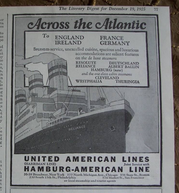 1925 United Hamburg American Across Atlantic Ship Ad 1925 United Hamburg American Across Atlantic Ship Ad