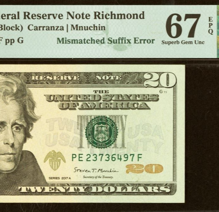 2017A $20 Federal Reserve Note PMG 67EPQ Mismatched Suffix Error PEF D