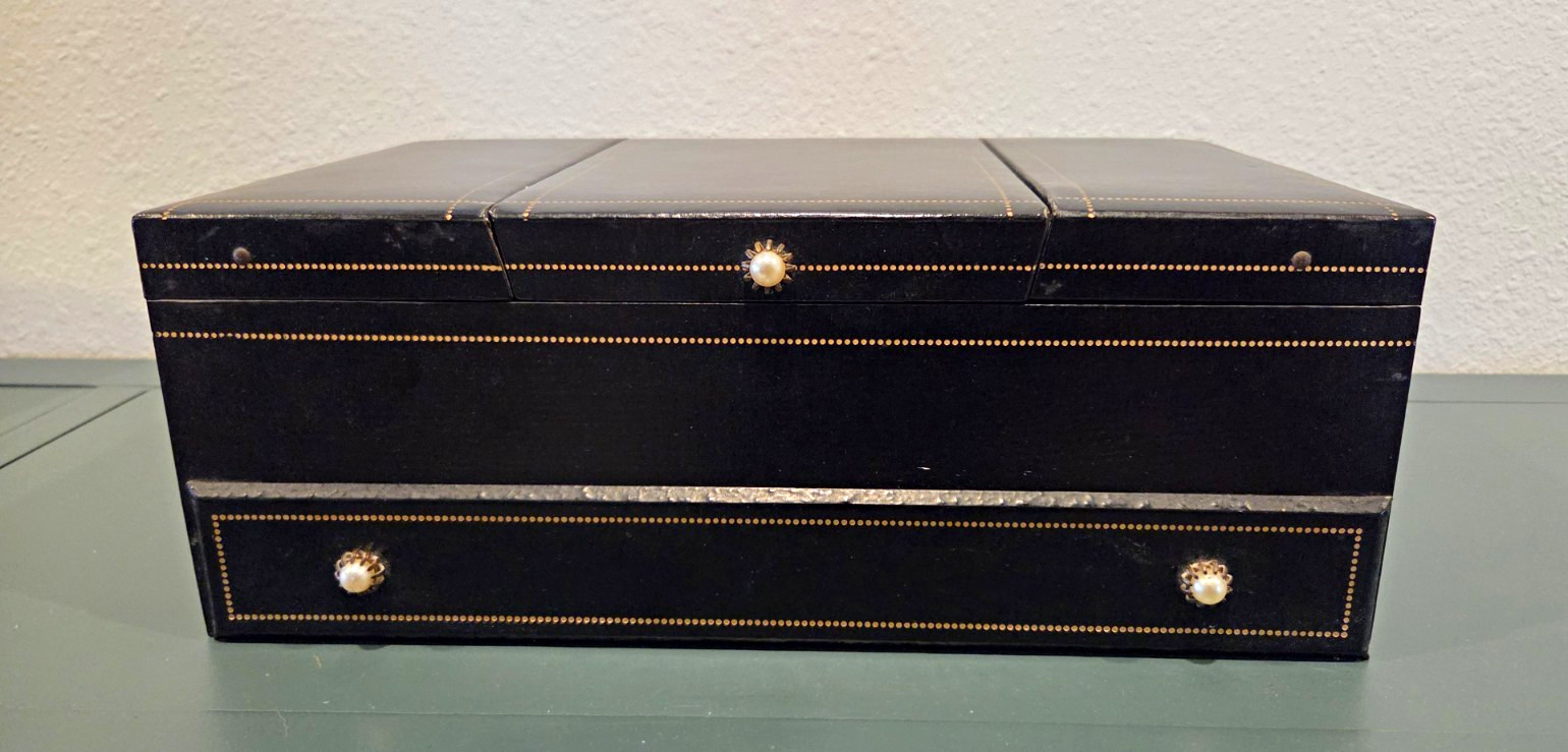 Vintage Black Faux Leather Jewelry Box, Pearl Accents, Red Velvet Lined