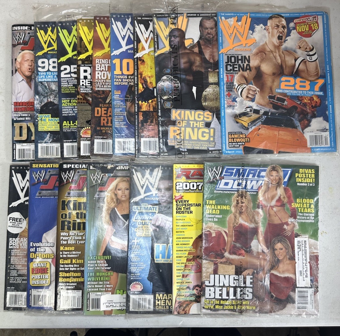 Lot of 16 Vintage 2004-05, 2007 WWE Magazines with Posters Included