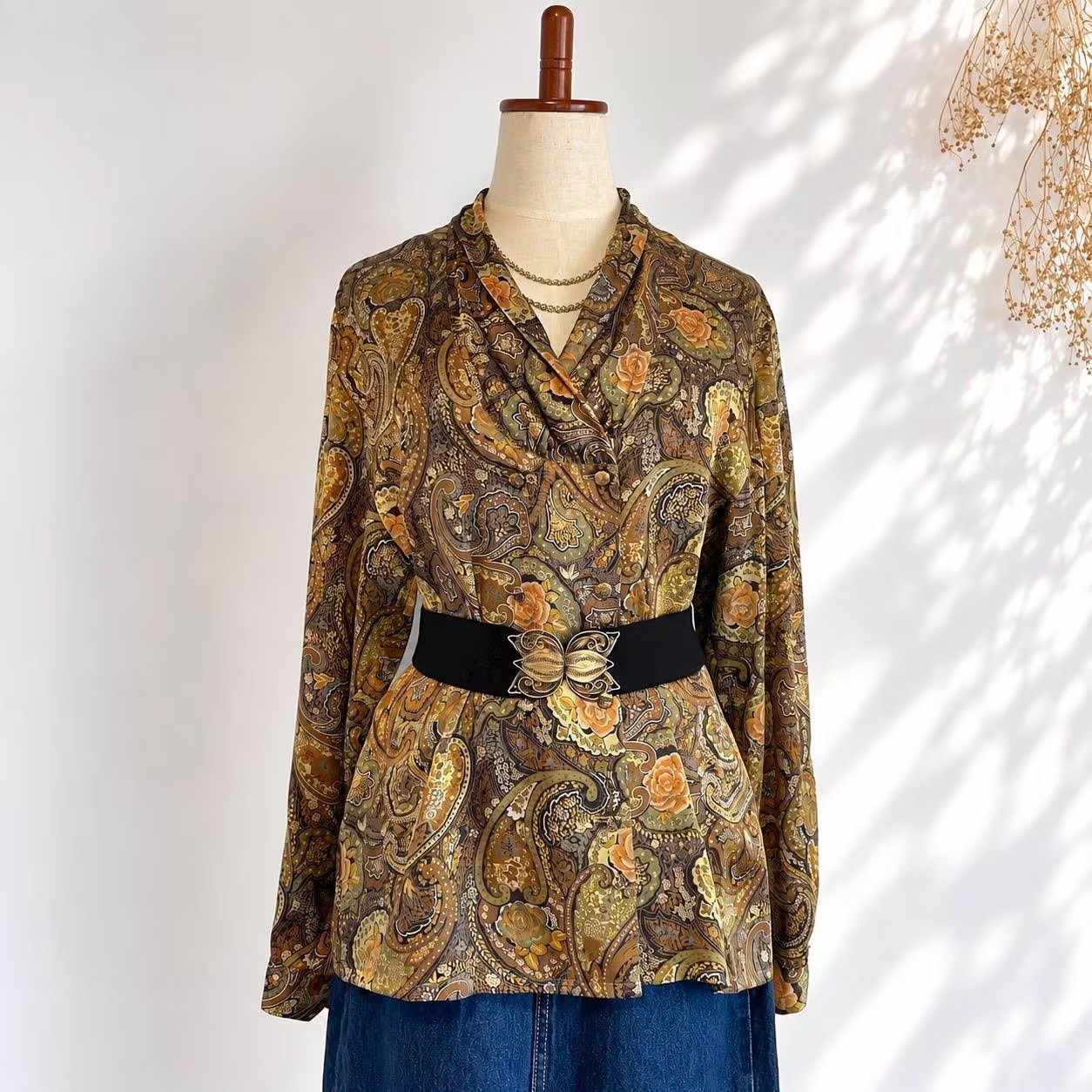 VTG 80s PARTNERS Mode Vallie 100% Silk Paisley Wrap Blouse Brown Gold Japan
