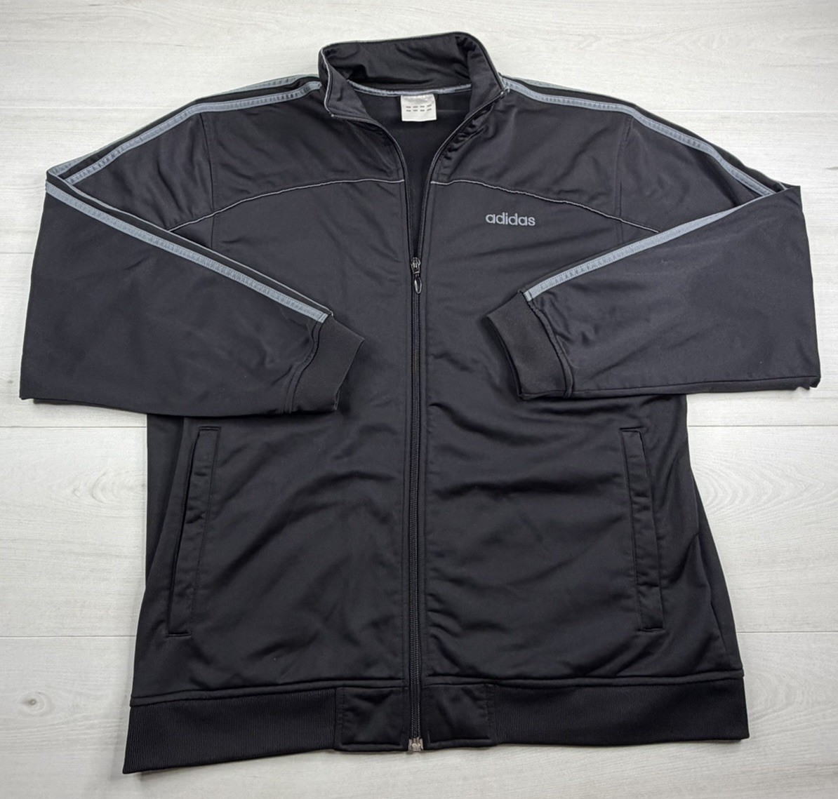 Vtg Adidas Track Jacket Black Gray 3 Stripes Full Zip Silky Shiny 2000s Y2K M Vtg Adidas Track Jacket Black Gray 3 Stripes Full Zip Silky Shiny 2000s Y2K M