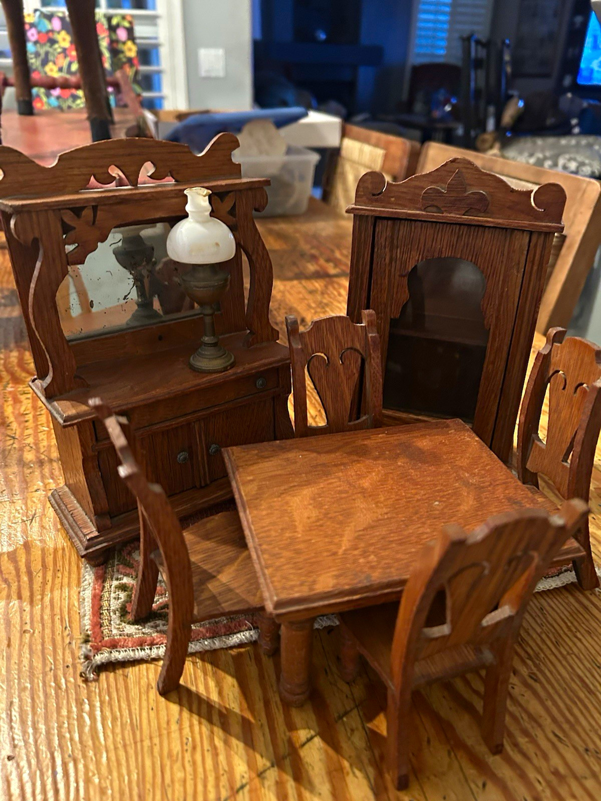 Antique N.D. Cass Co. Dollhouse Miniature Mission Dining Set Lot 6pc Wood Nice