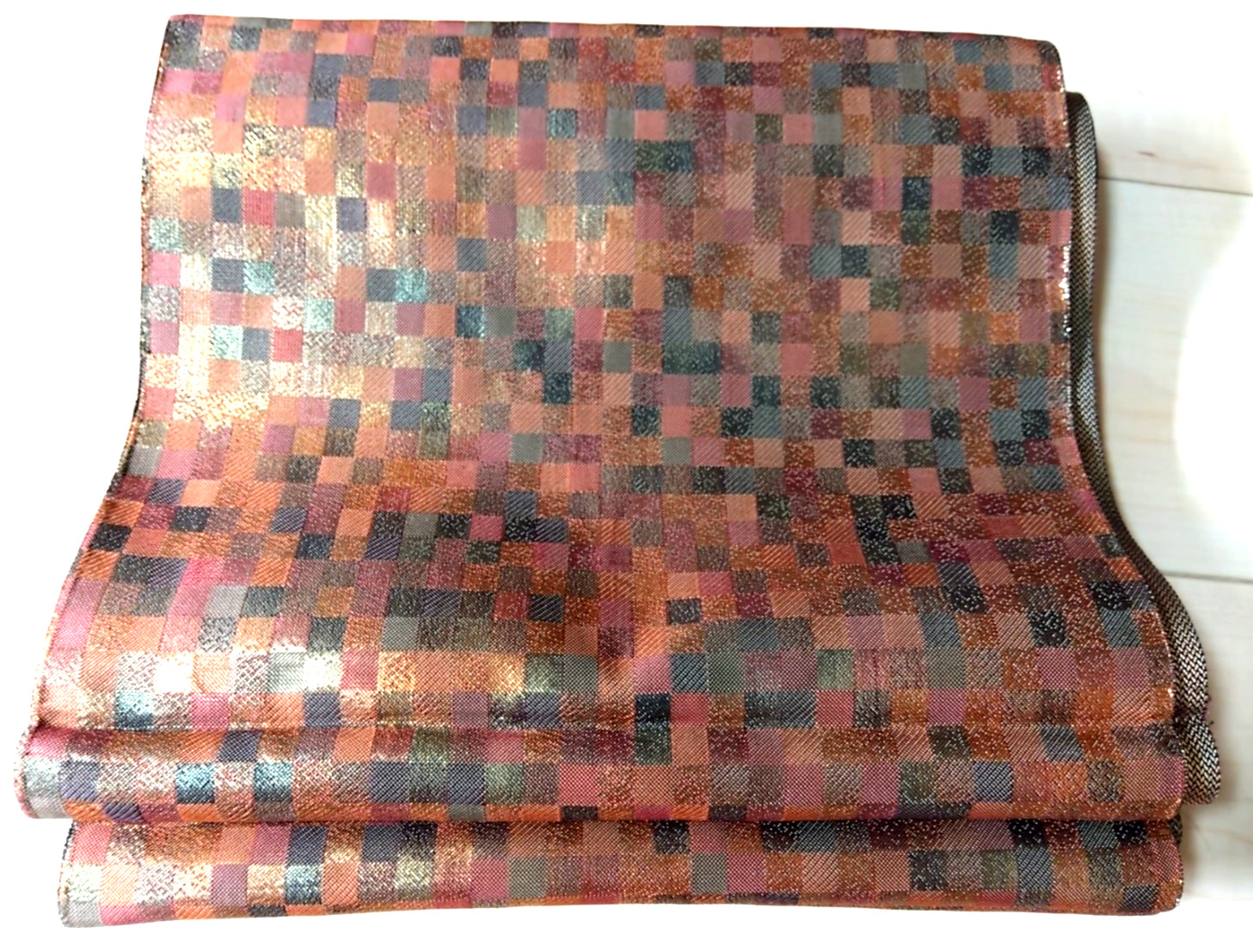 Japanese Fukuro Obi – Brown Check Pattern – Iridescent Lining – Reversible Style