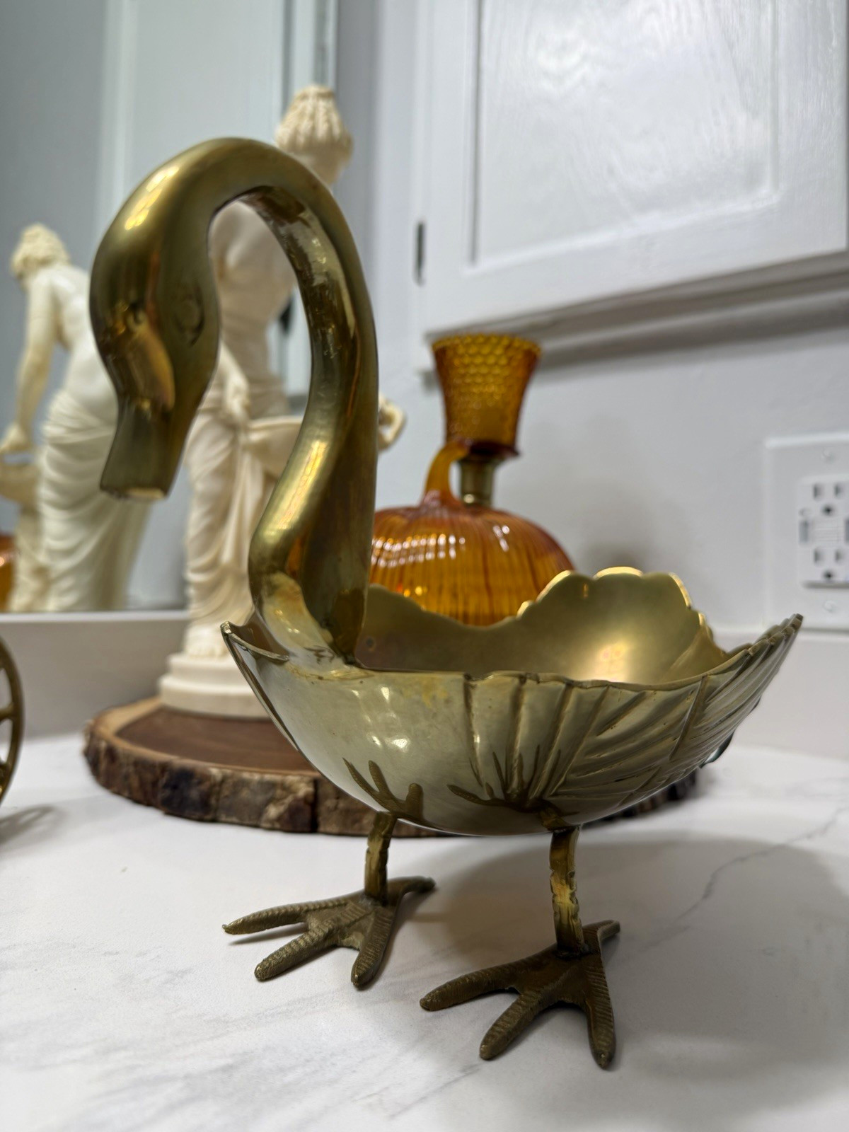 Brass Swan Figurine Trinket Dish Bowl, Scalloped Edge, Approx 7 in Wide