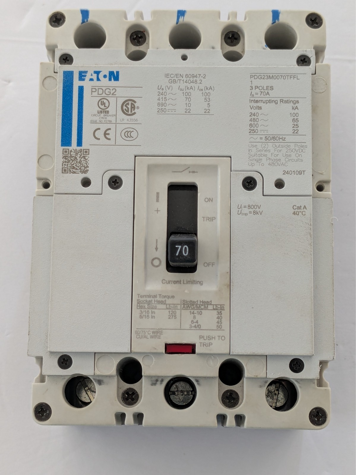 Eaton PDG23M0070TFFL PDG2 70 Amp 3 Pole 600V Circuit Breaker Used Untested Eaton PDG23M0070TFFL PDG2 70 Amp 3 Pole 600V Circuit Breaker Used Untested
