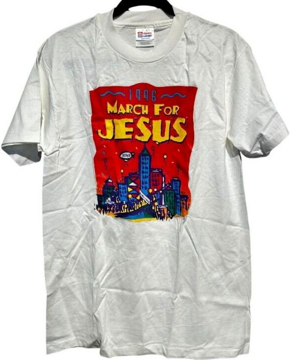 VTG single stitch 1996 Global March for Jesus White Adult Hanes Tee Shirt size M VTG single stitch 1996 Global March for Jesus White Adult Hanes Tee Shirt size M