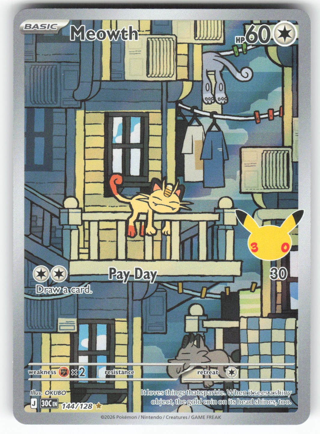 Meowth 144/128 Holo Illustration Rare ME: 30th Celebration Pokemon Near Mint