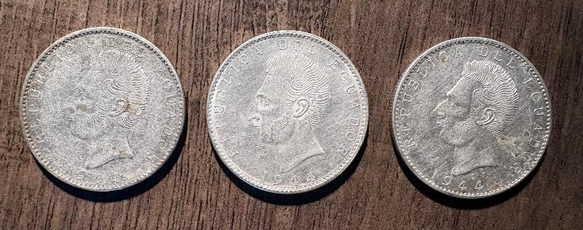 1944 Ecuador Dos Sucres Three (3) coins Group D 1944 Ecuador Dos Sucres Three (3) coins Group D