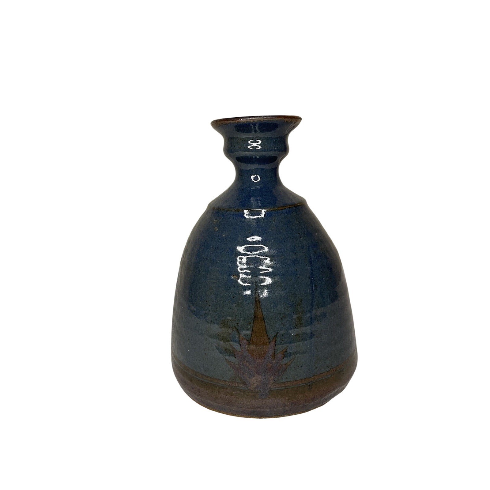 Studio Pottery Vase Ceramic Blue Glaze Farmhouse 8in Tall Signed Leaf