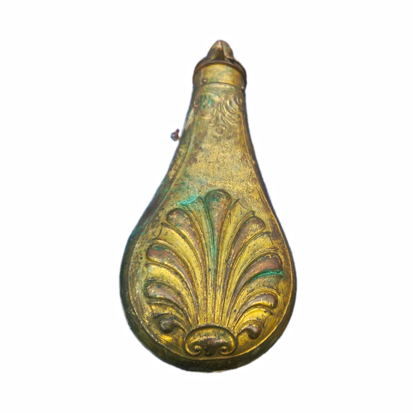 19th Century Embossed Copper And Brass Black Powder Flask Mid To Late 1800s 19th Century Embossed Copper And Brass Black Powder Flask Mid To Late 1800s