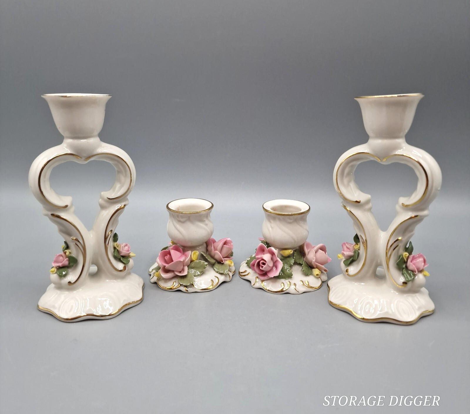 VTG Pair of Dresden Candlestick Holders Pink Yellow Gold Accent White Porcelain