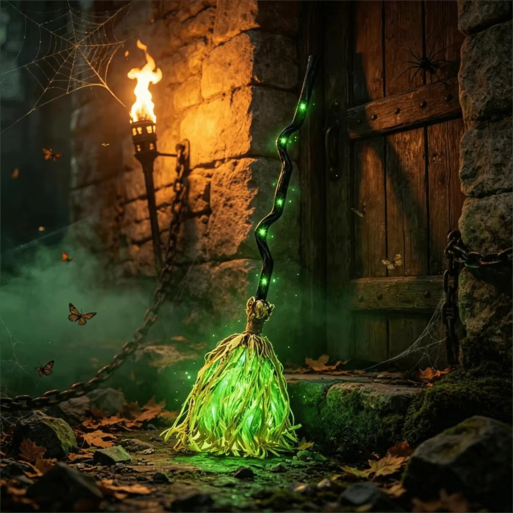 Glowing Animated Dancing Witch Broom with Sounds Movable Halloween Magic Witch