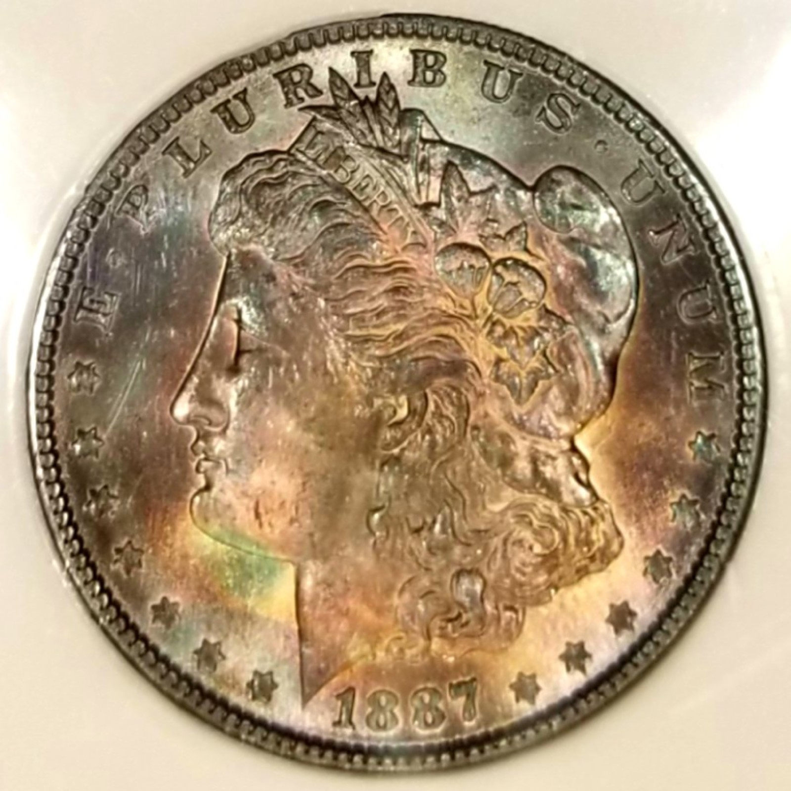 1887-P MS 67 Gorgeous Full Rainbow Color Toned PQ + Morgan Dollar PCI