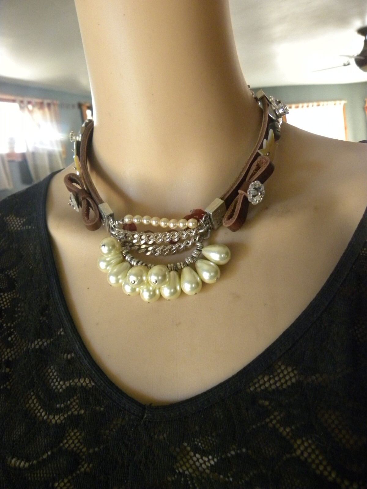 OTAZU PEARL, LEATHER, RHODIUM SILVER CHOKER NECKLACE 16\ OTAZU PEARL, LEATHER, RHODIUM SILVER CHOKER NECKLACE 16\