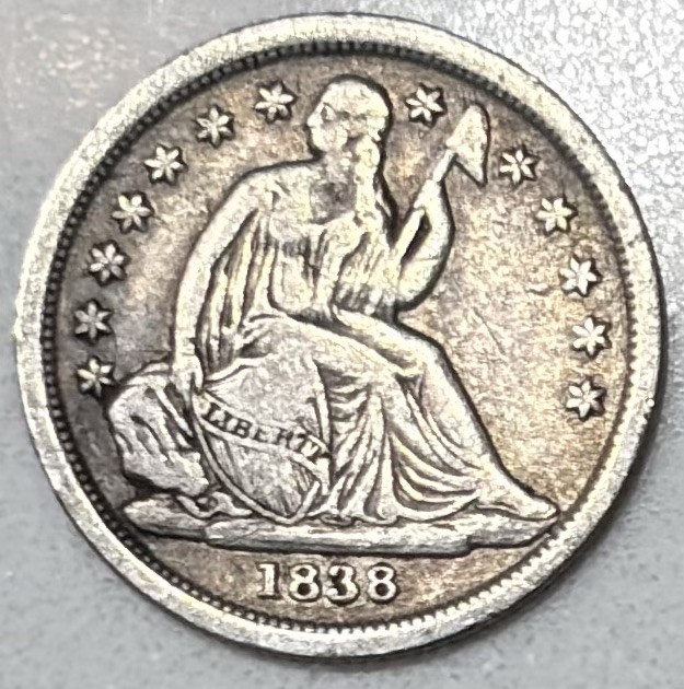 1838 Large Stars Seated Liberty Dime Very Fine VF Coin Philadelphia 1838 Large Stars Seated Liberty Dime Very Fine VF Coin Philadelphia