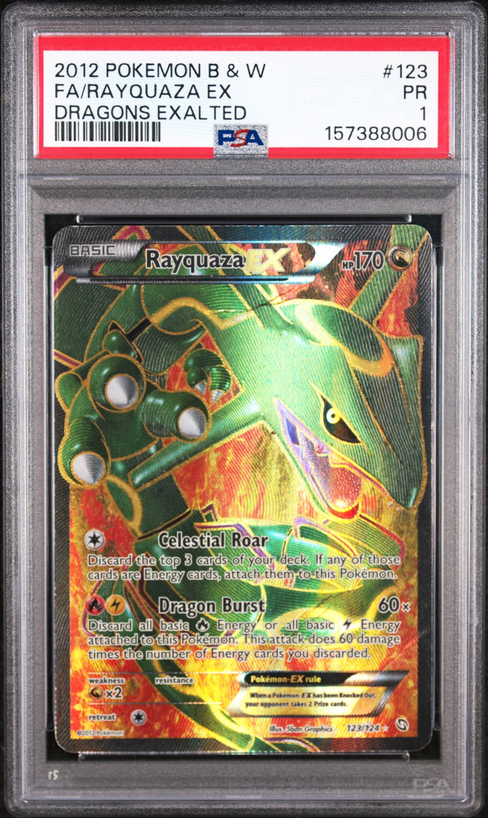 2012 POKEMON BLACK & WHITE DRAGONS EXALTED #123 FULL ART/RAYQUAZA EX PSA 1