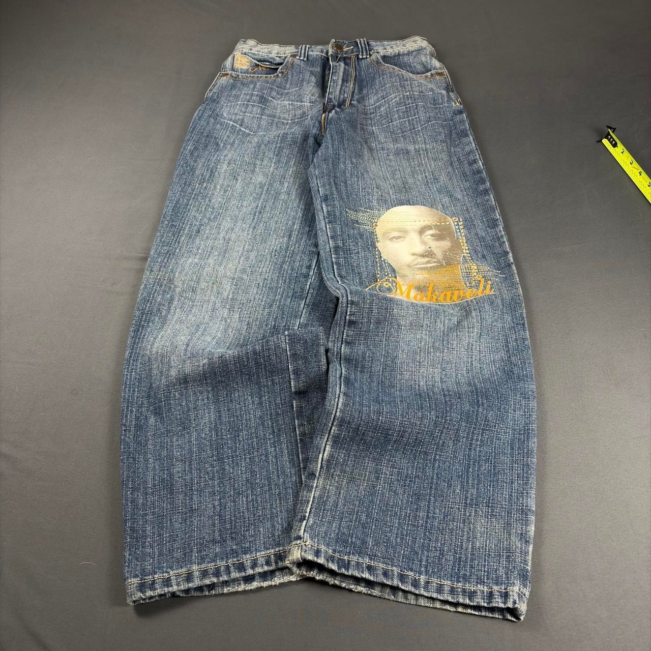 Makaveli Branded Tupac Baggy Denim Jeans Blue Faded Wash Y2K Hip Hop Size 14