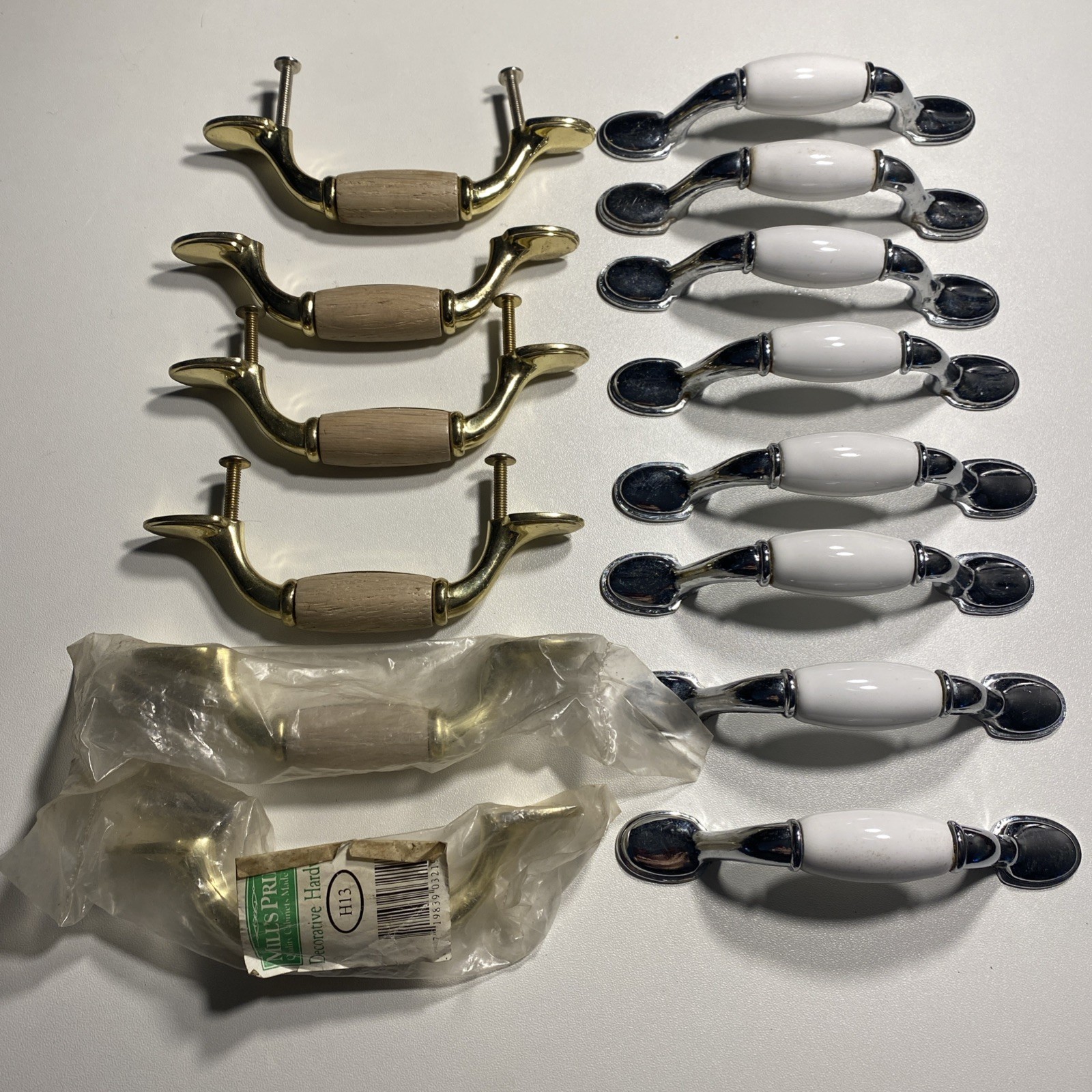 14 Vintage Modern Brass Wood & Chrome White Ceramic Drawer Pulls Handles Lot
