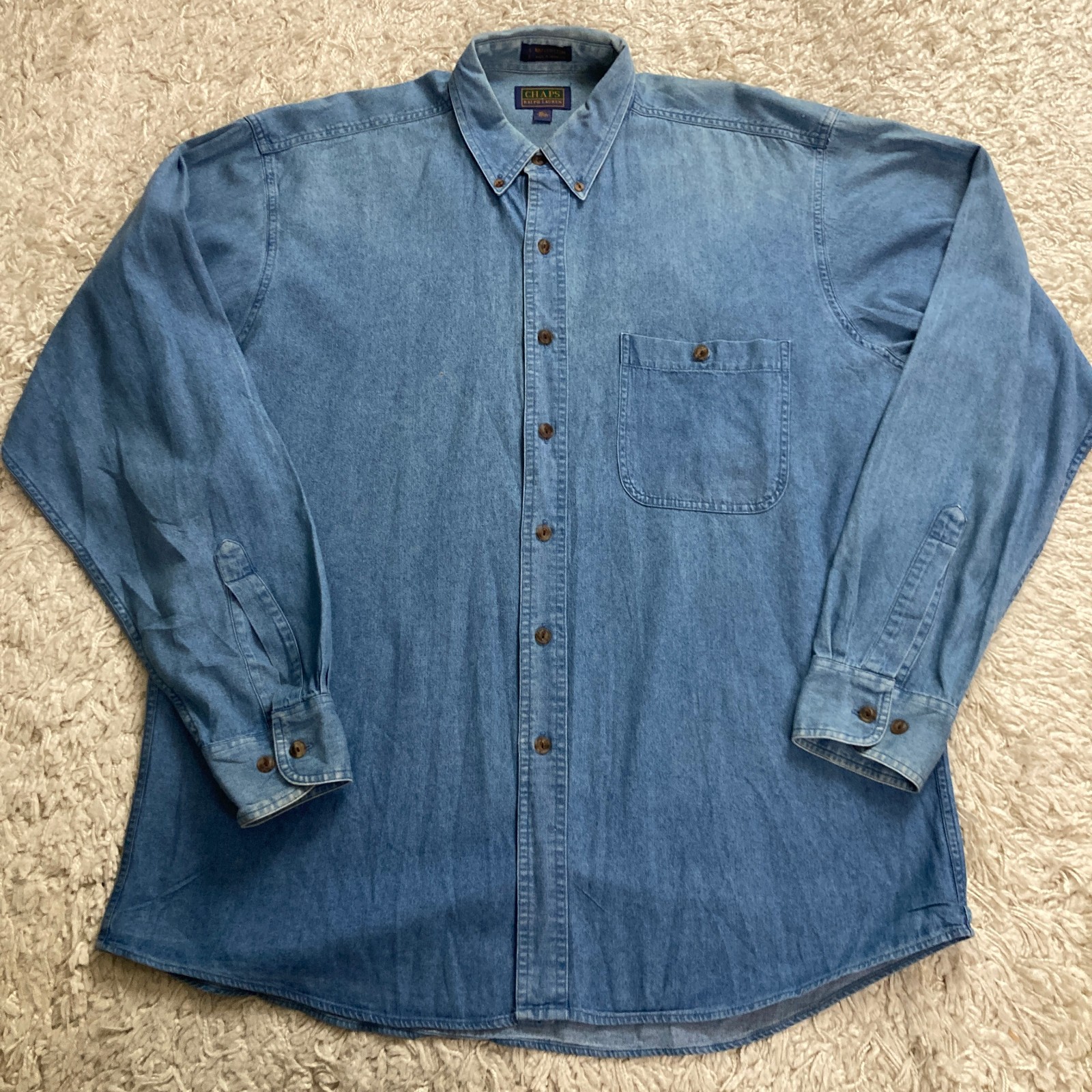 Vintage Chaps Ralph Lauren Shirt Mens Large 16.5 36-37 Blue Denim Button Down Vintage Chaps Ralph Lauren Shirt Mens Large 16.5 36-37 Blue Denim Button Down