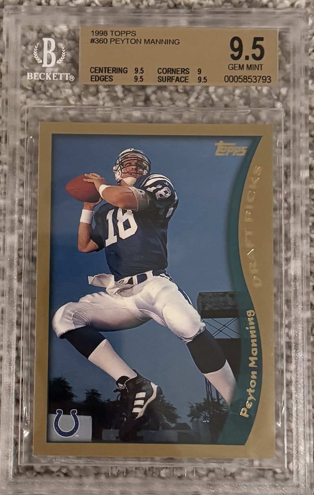 1998 Peyton Manning Topps #360 Base Rookie RC BGS 9.5 Gem W/Sub Grades 1998 Peyton Manning Topps #360 Base Rookie RC BGS 9.5 Gem W/Sub Grades
