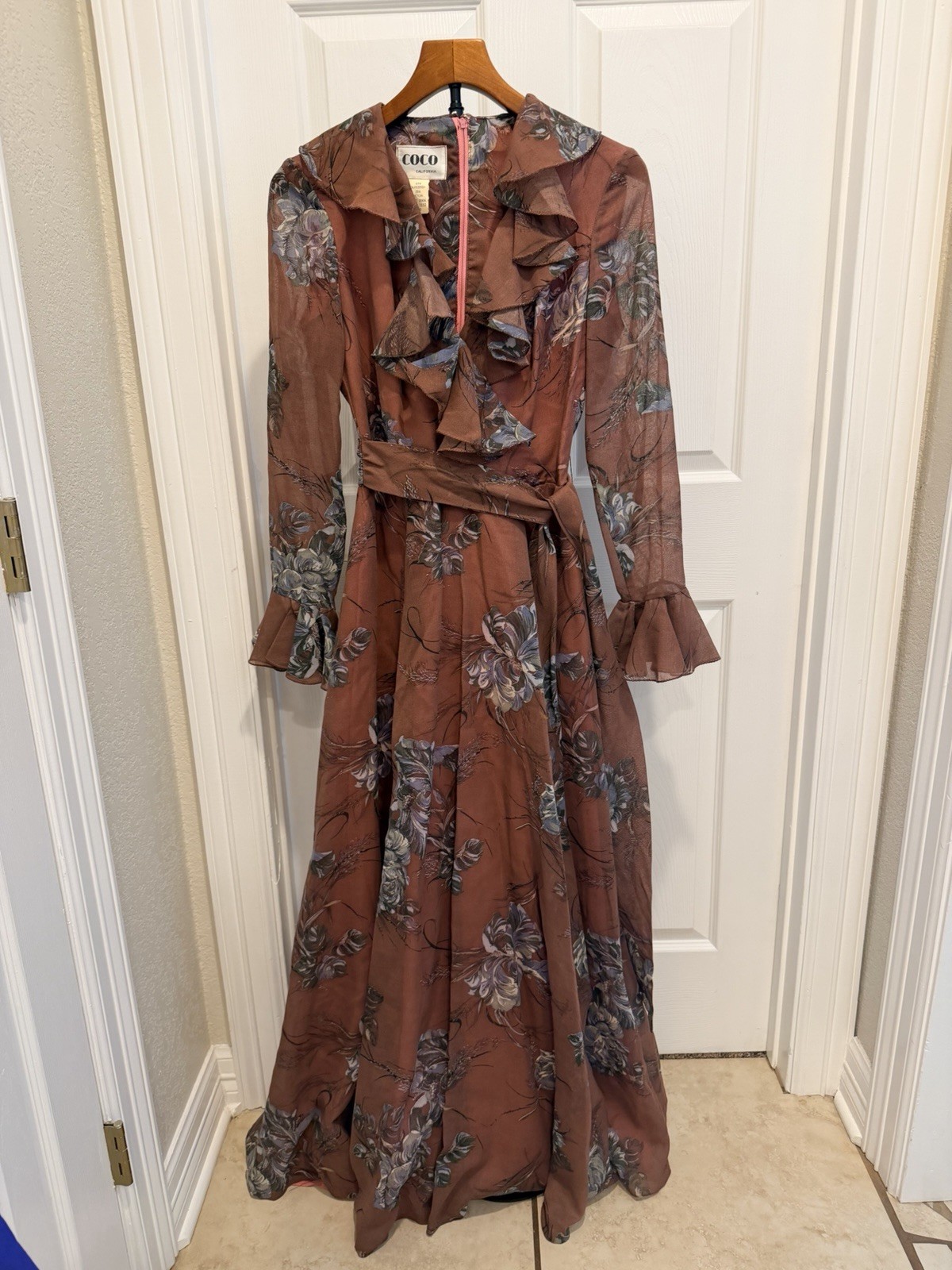 Coco California Rare Vintage Dusty Rose Floral Belted Maxi 70s/80s Retro Size 10