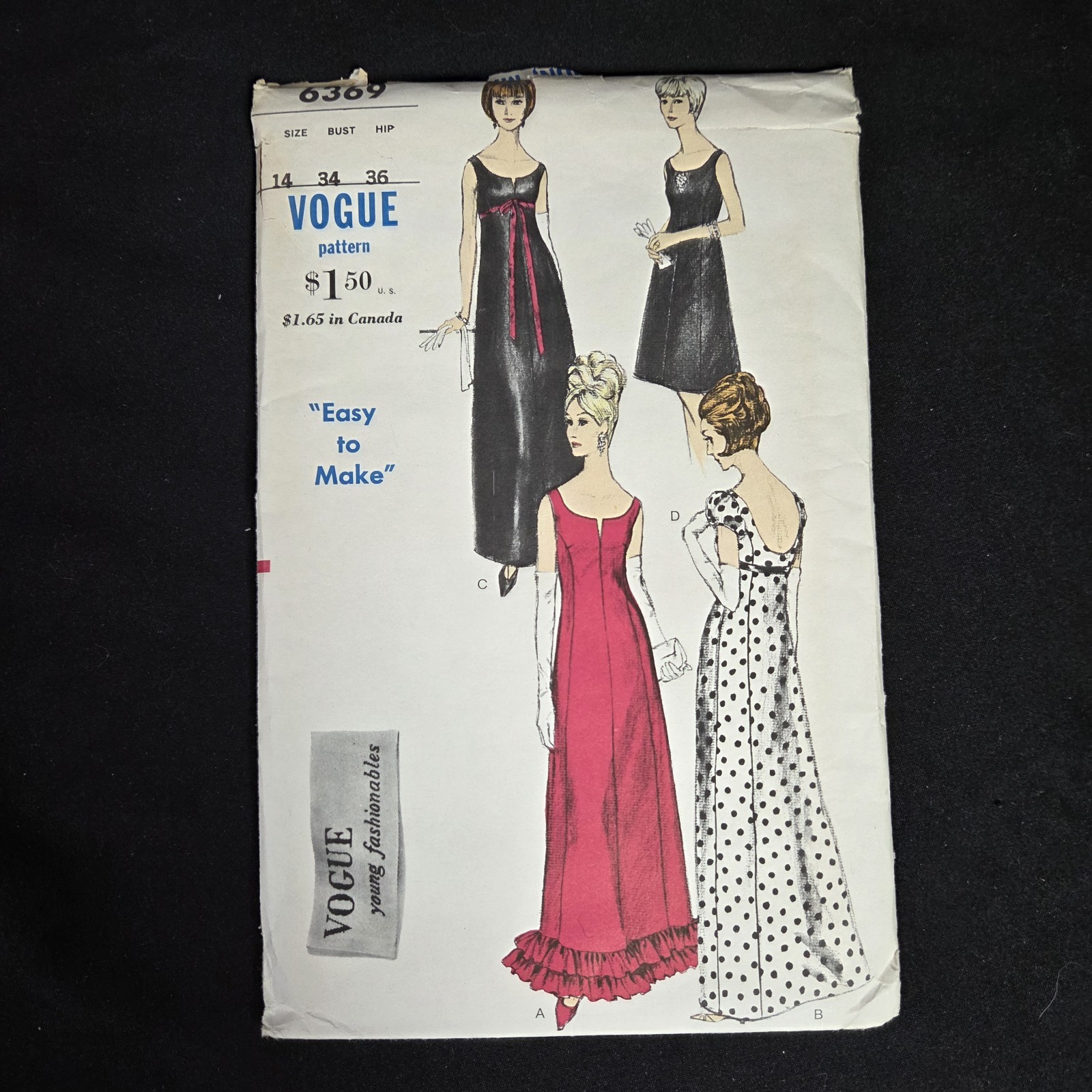 Vogue 6369 Vintage 1960s Evening Dress Pattern Size 14 Uncut Young Fashionables