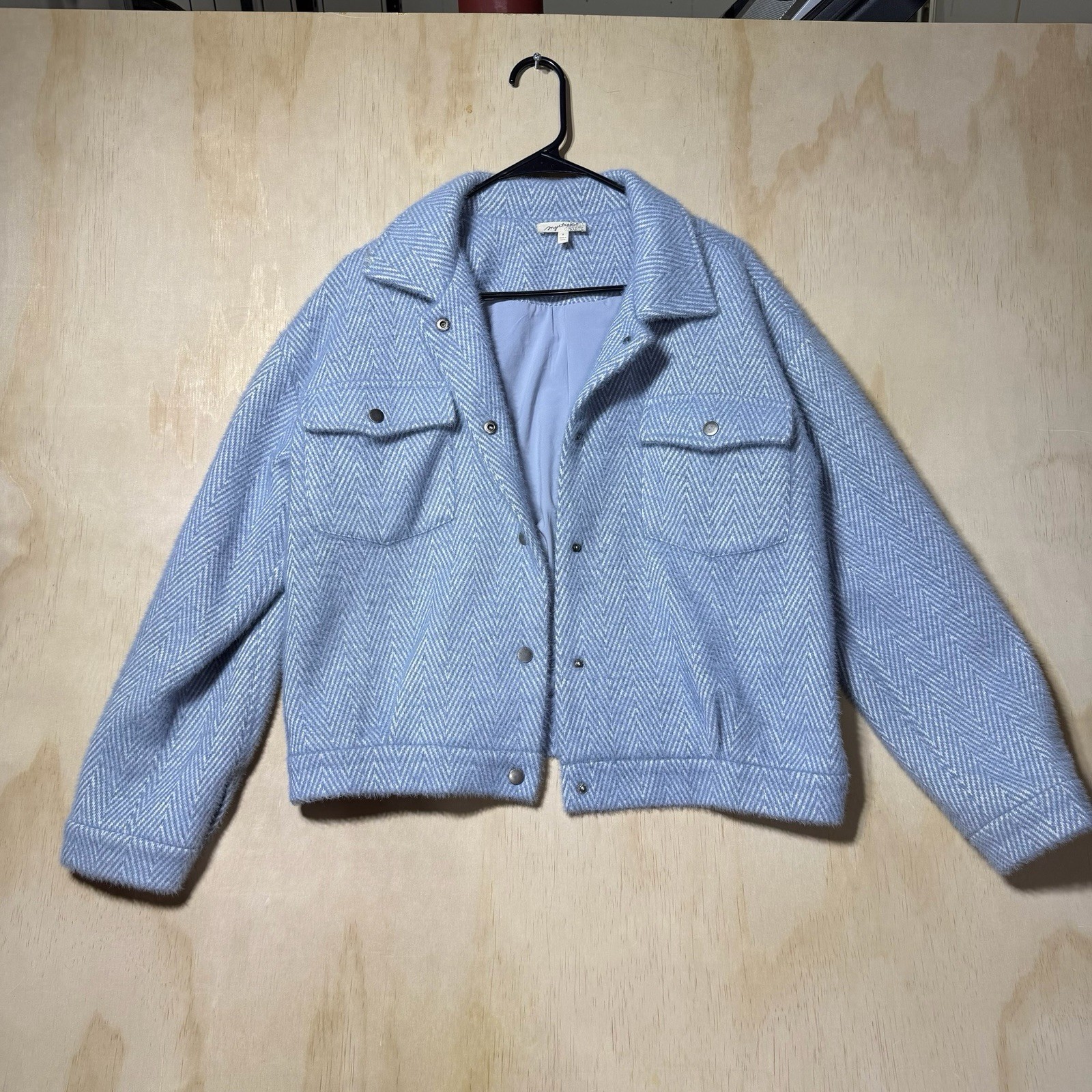 Mystree Women’s M Blue Herringbone Wool Blend Cropped Shacket Snap Front Jacket