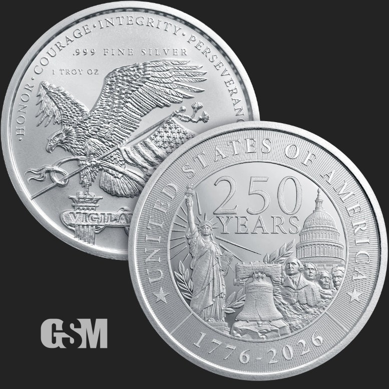 1 oz 999 Fine Silver USA 250th Anniversary Silver Round GSM Eagle Flag IN STOCK 1 oz 999 Fine Silver USA 250th Anniversary Silver Round GSM Eagle Flag IN STOCK