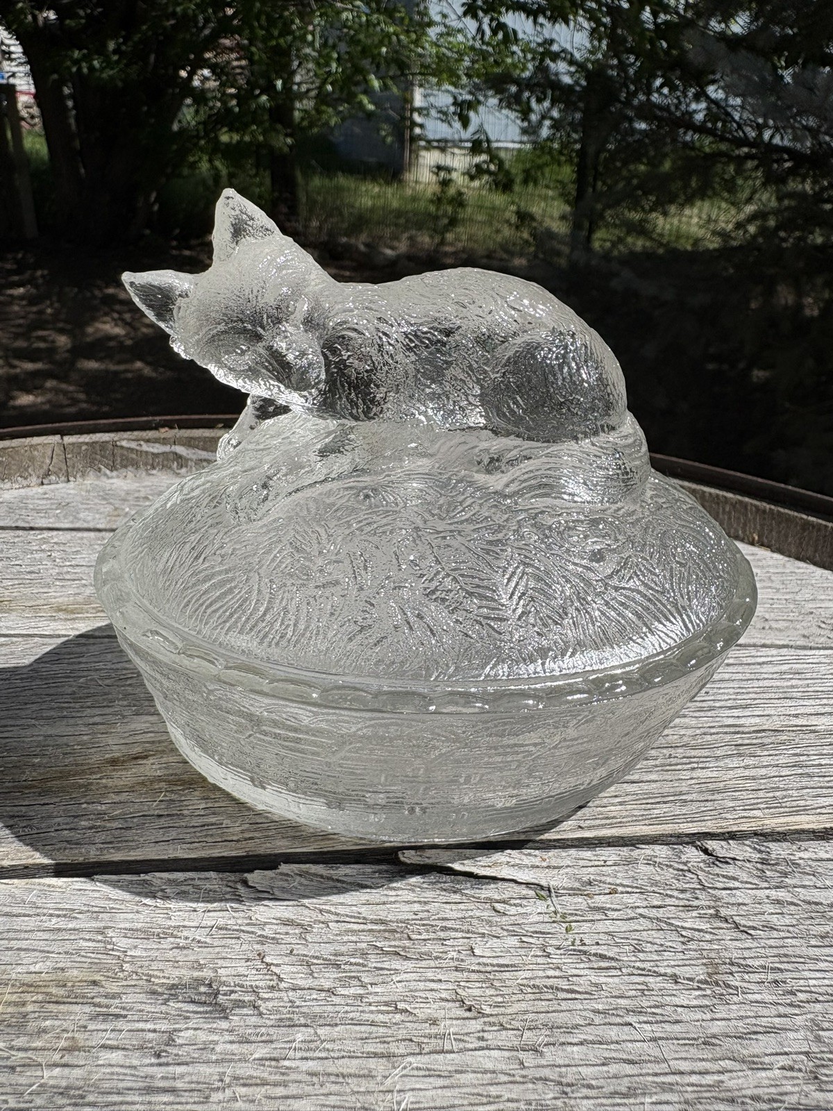 Vintage Zabkowice Fox on Nest Covered Candy Dish Poland Pressed Glass RARE HEN Vintage Zabkowice Fox on Nest Covered Candy Dish Poland Pressed Glass RARE HEN