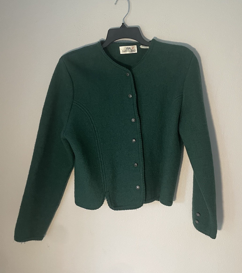 VTG Carroll Reed Boiled Wool Cardigan Sweater Lady Jacket Sz 14 Forest Green