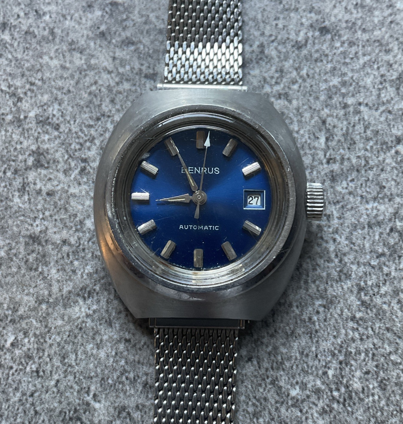 Vintage BENRUS Swiss Made Womens Automatic Watch Silver Tone W/Blue Dial A1