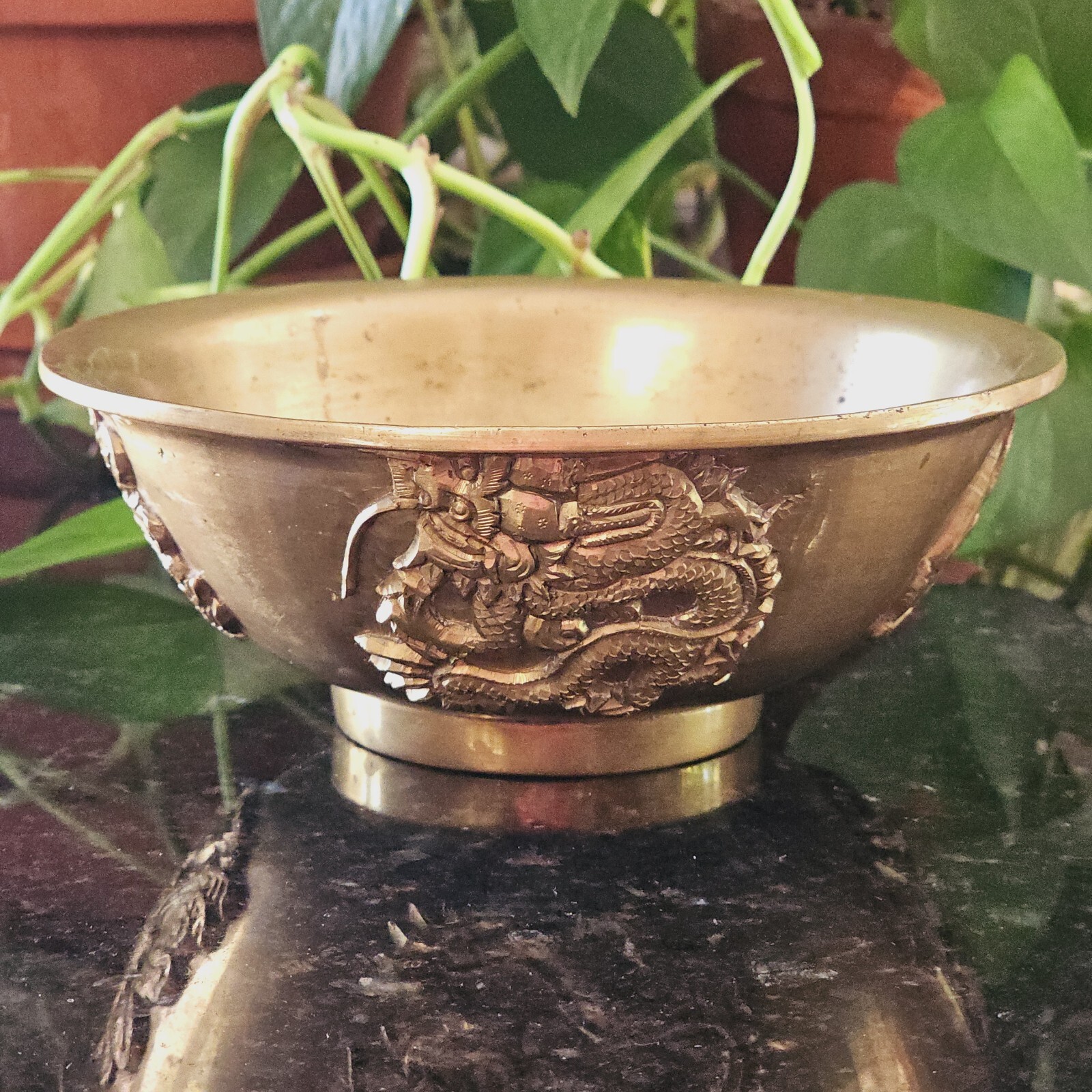 Vintage Chinese Heavy Brass Dragon Design Bowl 7.25\