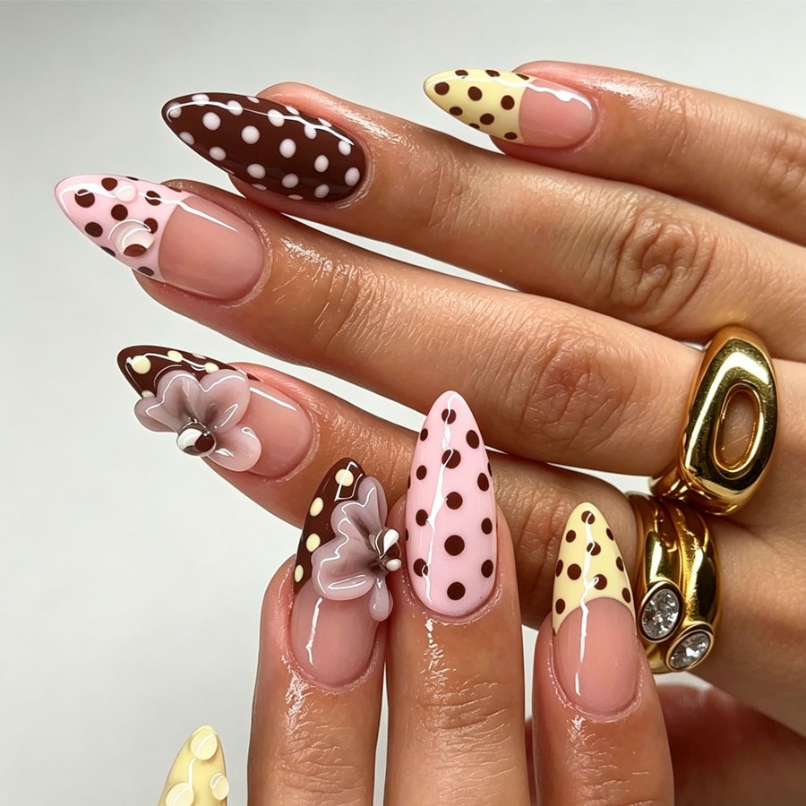 48 Pcs Polka Dot Floral Almond Press on Nails, Vintage Sweet Trendy Fake Nails 48 Pcs Polka Dot Floral Almond Press on Nails, Vintage Sweet Trendy Fake Nails