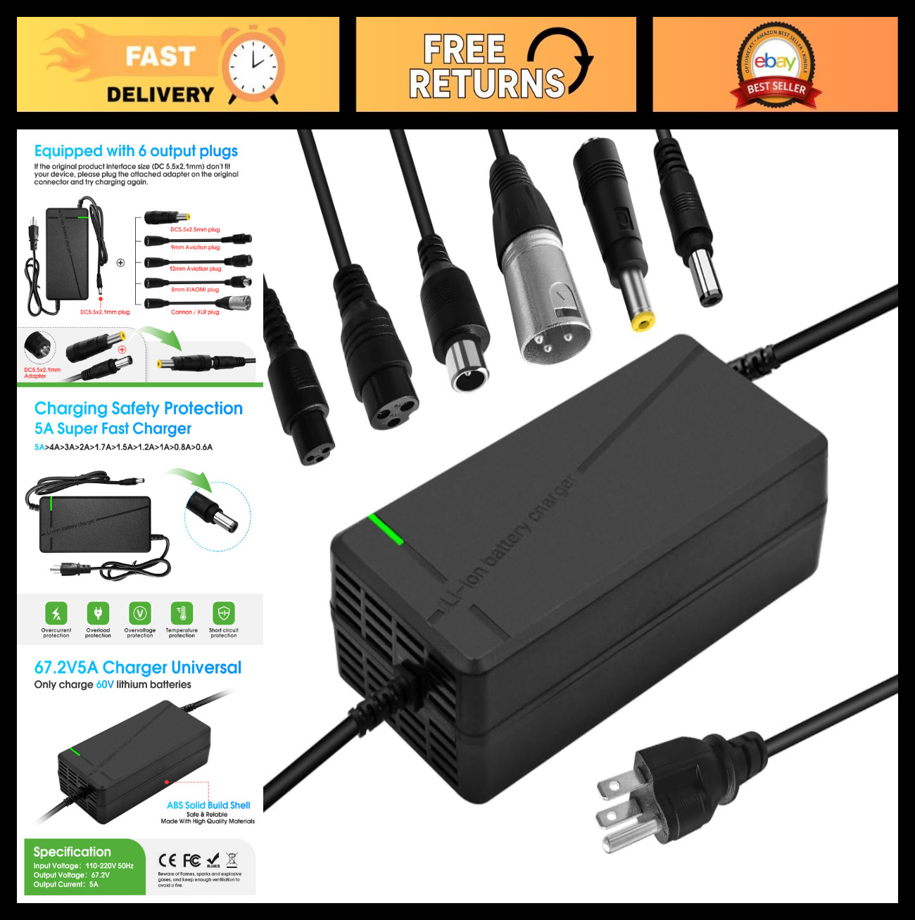 67.2V 5A Multi-Voltage Charger with 6-in-1 Plug for 60V Lithium Batteries - Car,