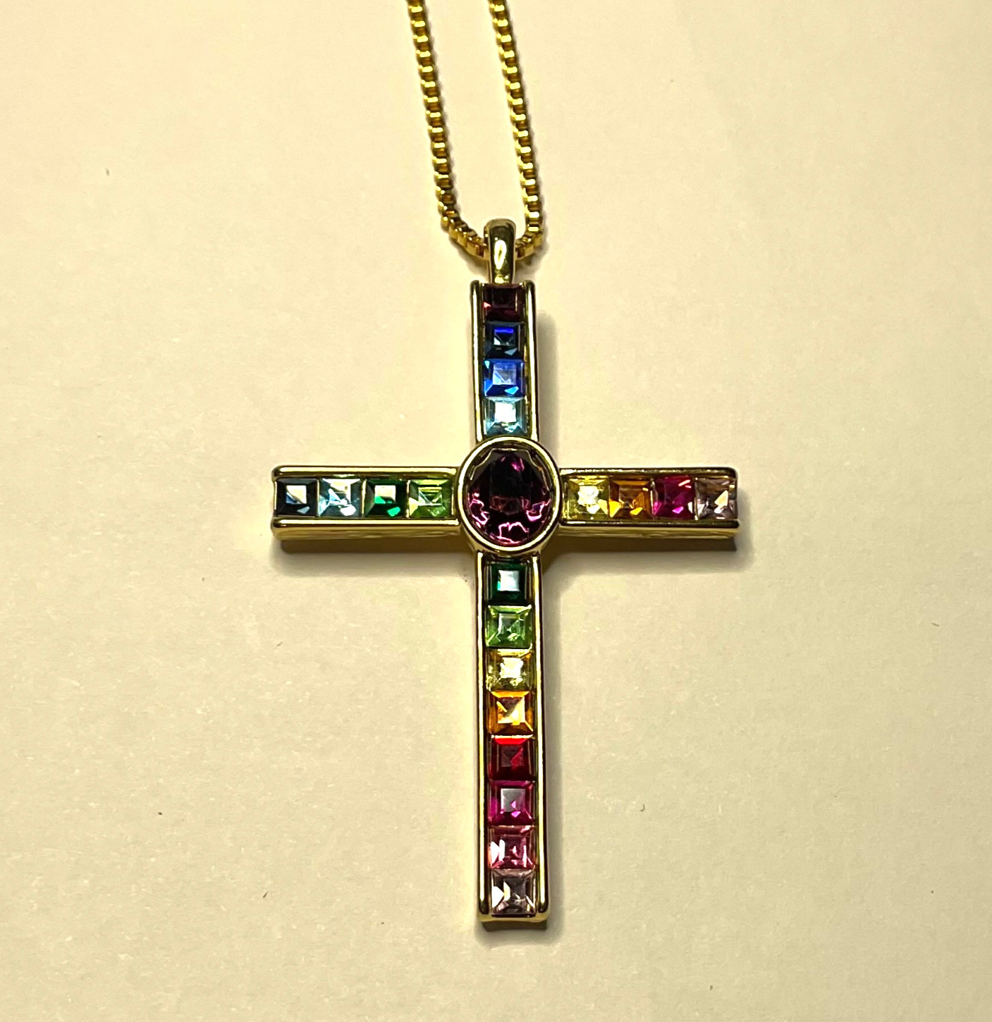 VINTAGE 1998 SIGNED P.S.C.O. CROSS NECKLACE FACETED RAINBOW COLORS 30