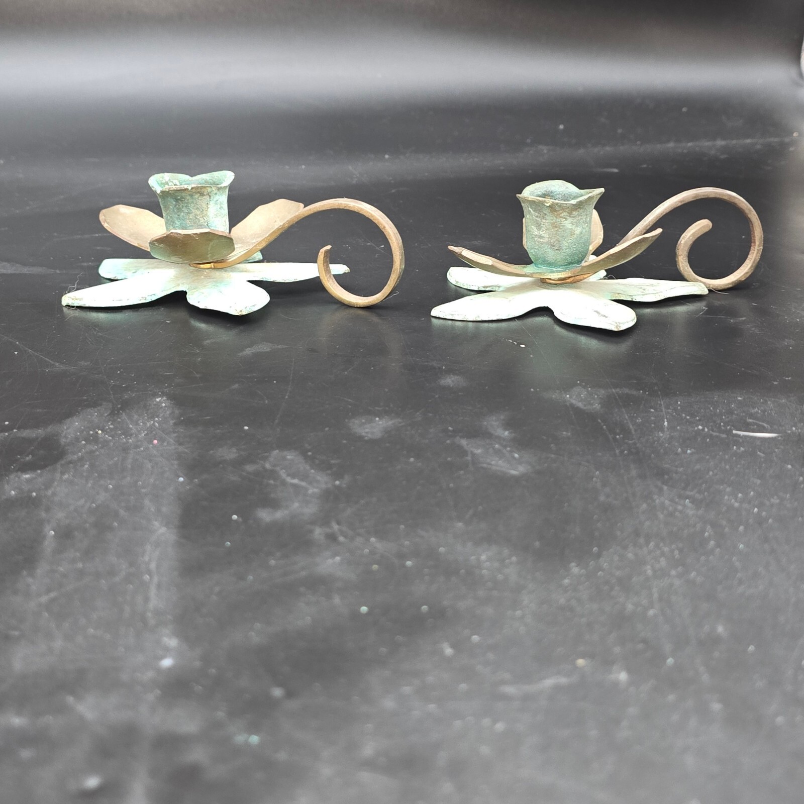 Vintage Verdigris Brass Flower Chamberstick Candle Holders Pair Made in India