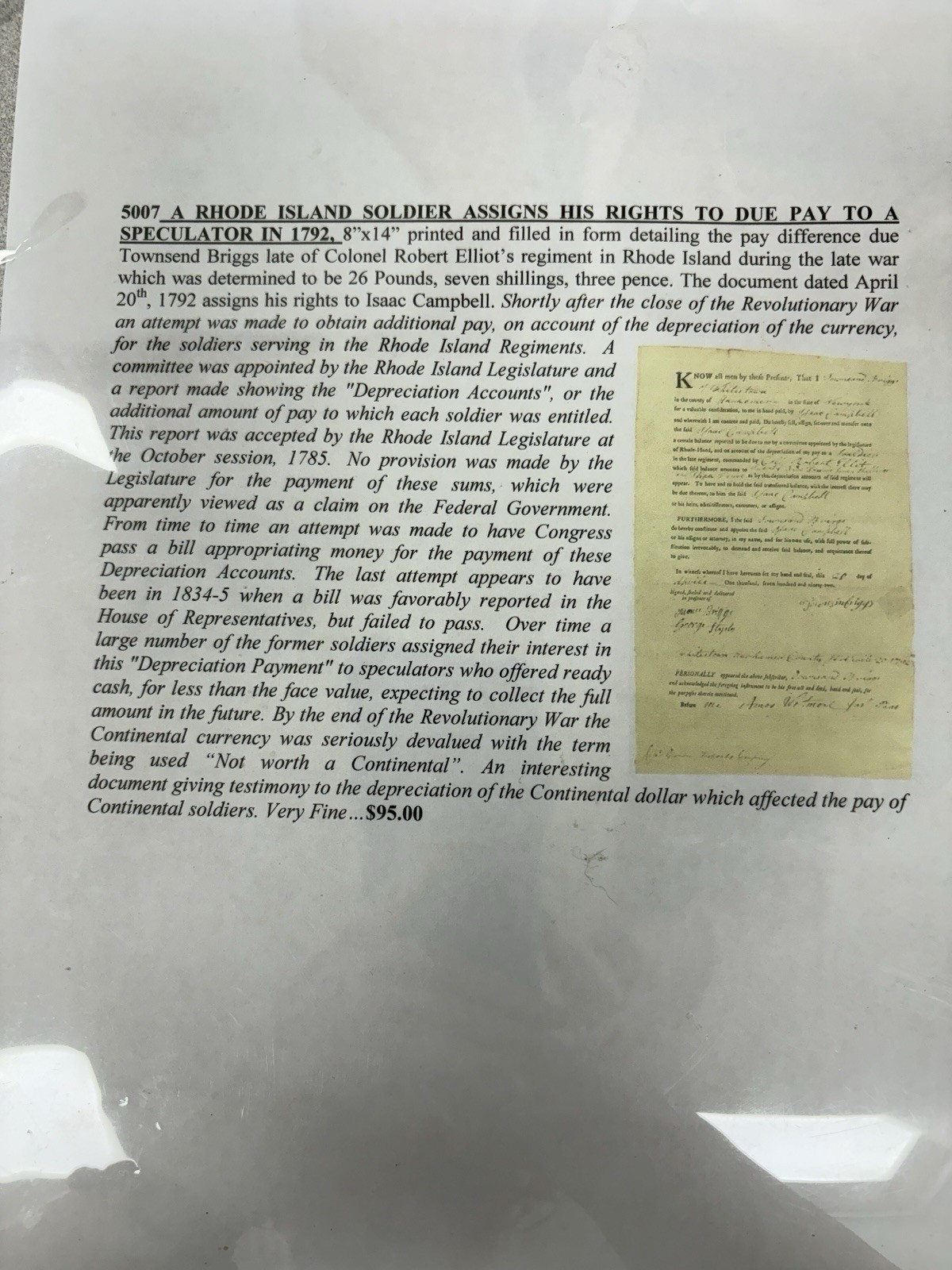 1792 Rhode Island Revolutionary War Soldier Pay Assignment Document 1792 Rhode Island Revolutionary War Soldier Pay Assignment Document