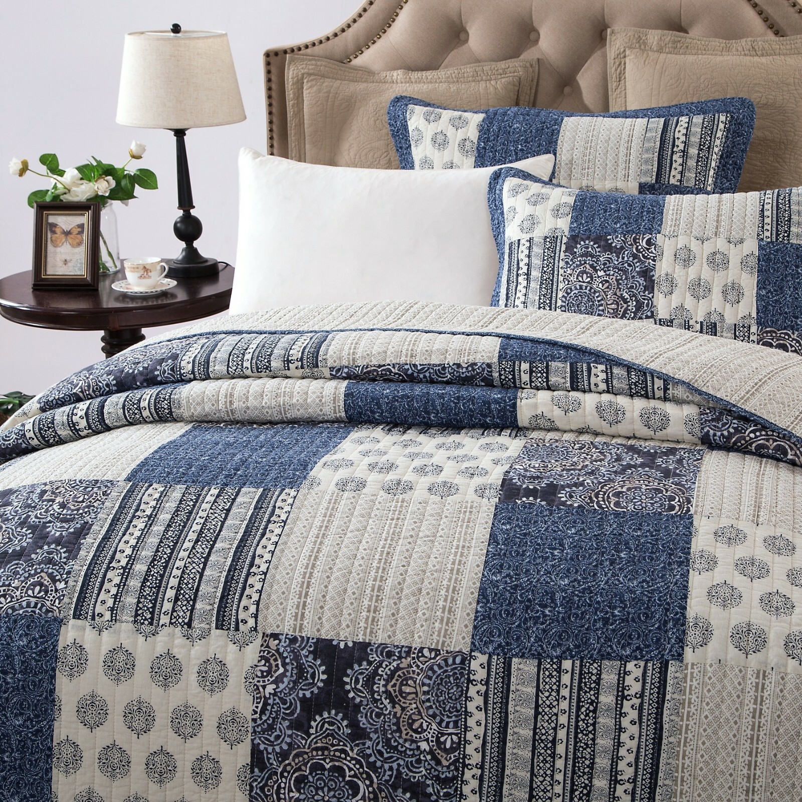 DaDa Bedding Cotton Bohemian Denim Blue Farmhouse Patchwork Floral Bedspread Set