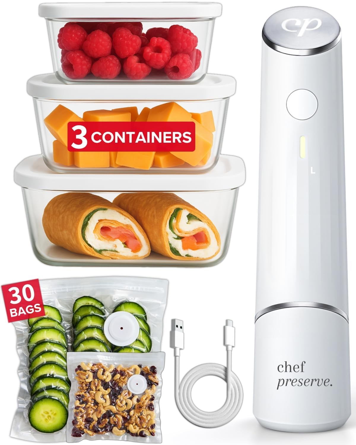 Compact Vacuum Sealer Machine 3 Glass Containers 30 Reusable Bags Food Saver Compact Vacuum Sealer Machine 3 Glass Containers 30 Reusable Bags Food Saver