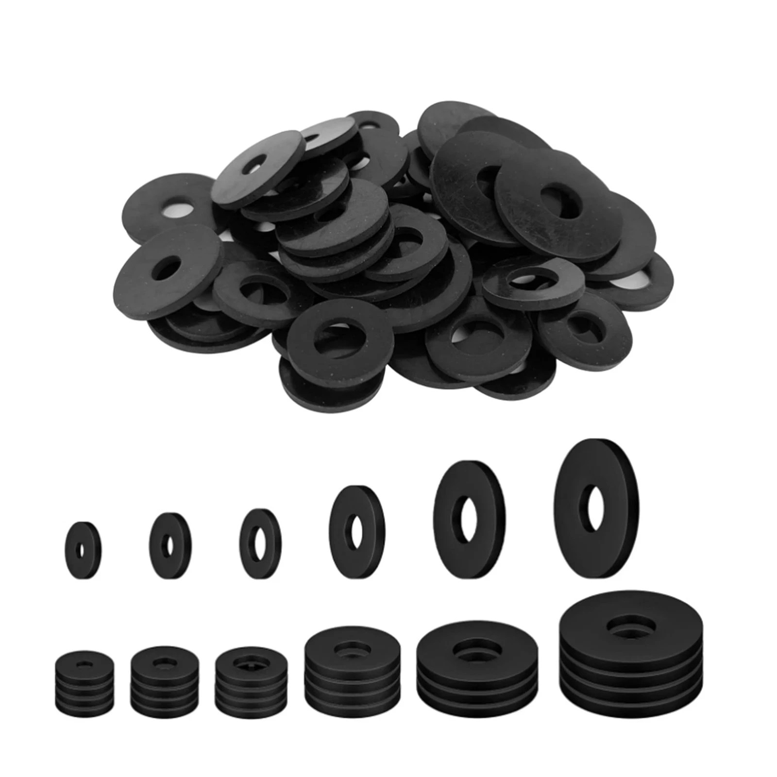 Juego surtido de arandelas planas de goma negras, 6 tamaños, resistentes
