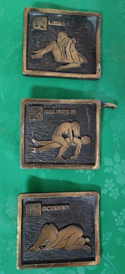 Vintage 1970s Erotic Zodiac Metal Wall Plaques Set of 3 Libra Aquarius Scorpio