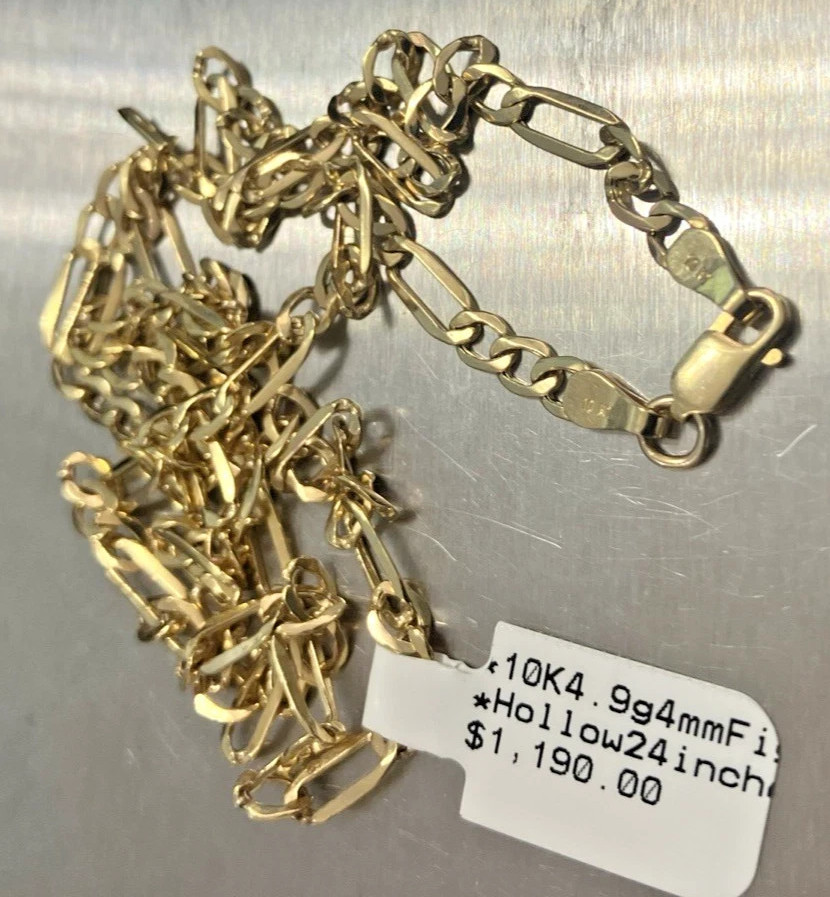 10kt Real Gold Figaro Link Semi-Solid Chain 4.9grams 4mm 24” GND Brand NWT 10K