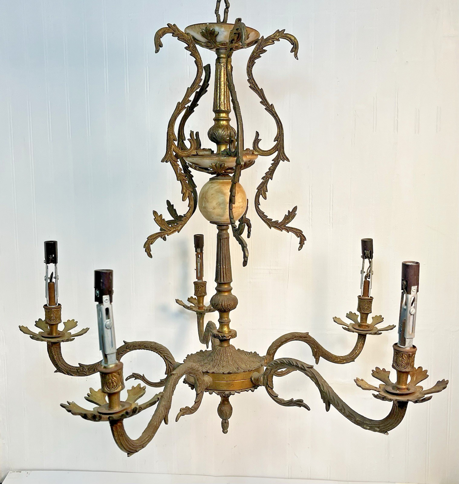 Antique Brass Bronze Chandelier, 5 Lights, Spanish Revival, Regency NEEEDS WIRED