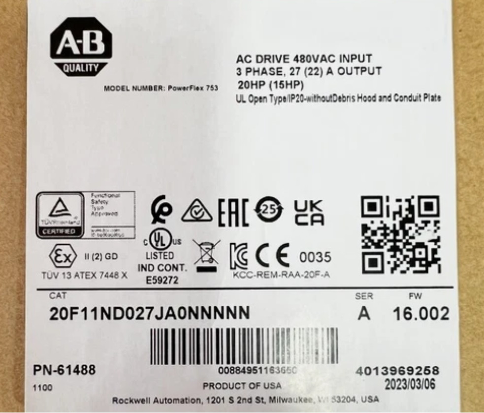 NEW Allen Bradley 20F11ND027JA0NNNNN PowerFlex 753 AC Drive Air Cooled