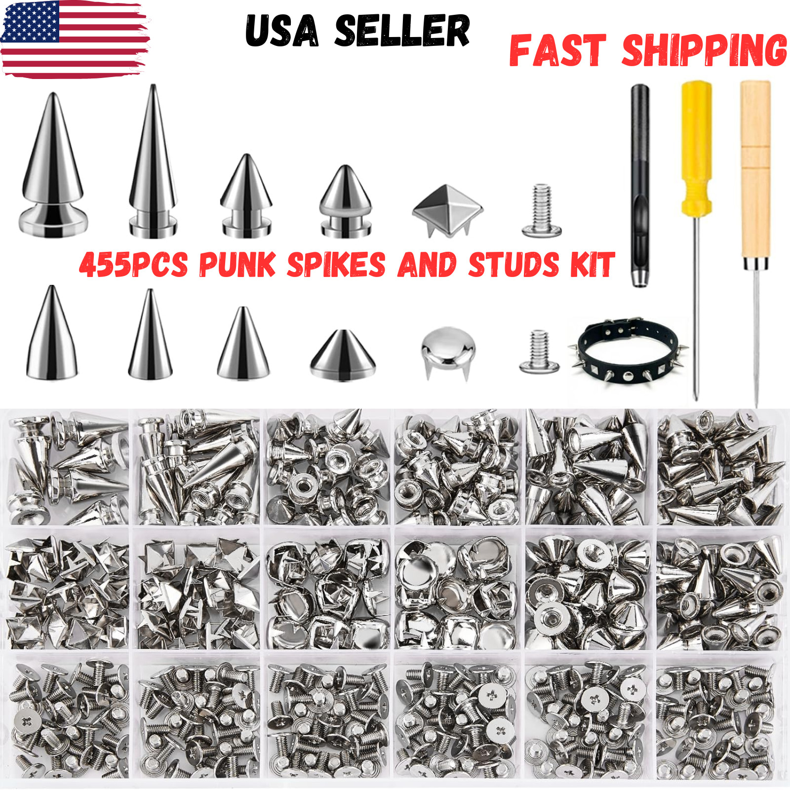 455PCS Punk Spikes and Studs Kit for Clothing, 12 Sizes Premium Metal Cone Spike