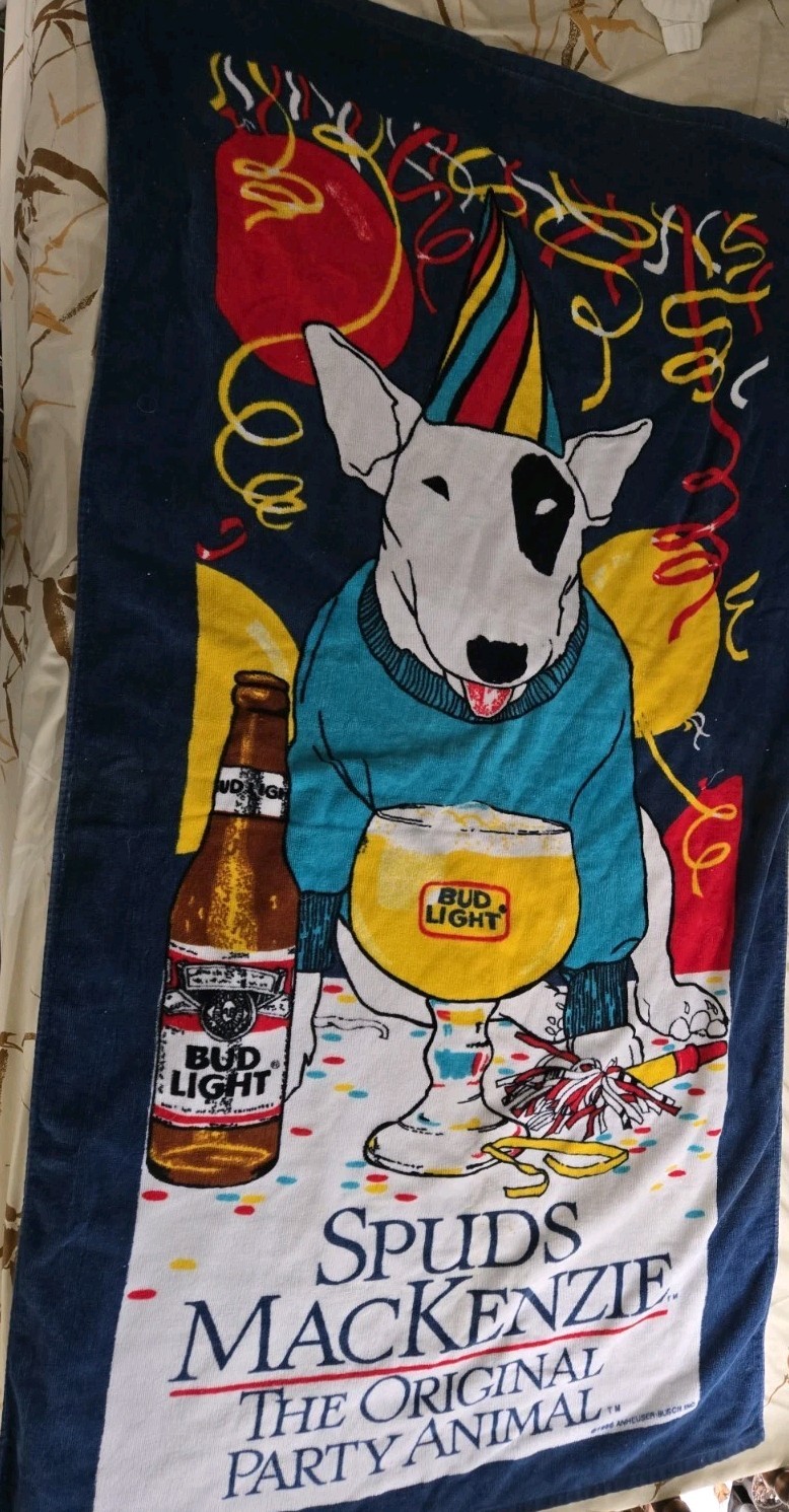 1986 Bud Light Spuds Mackenzie Original Party Animal Beach Towel 55x 30 1986 Bud Light Spuds Mackenzie Original Party Animal Beach Towel 55x 30