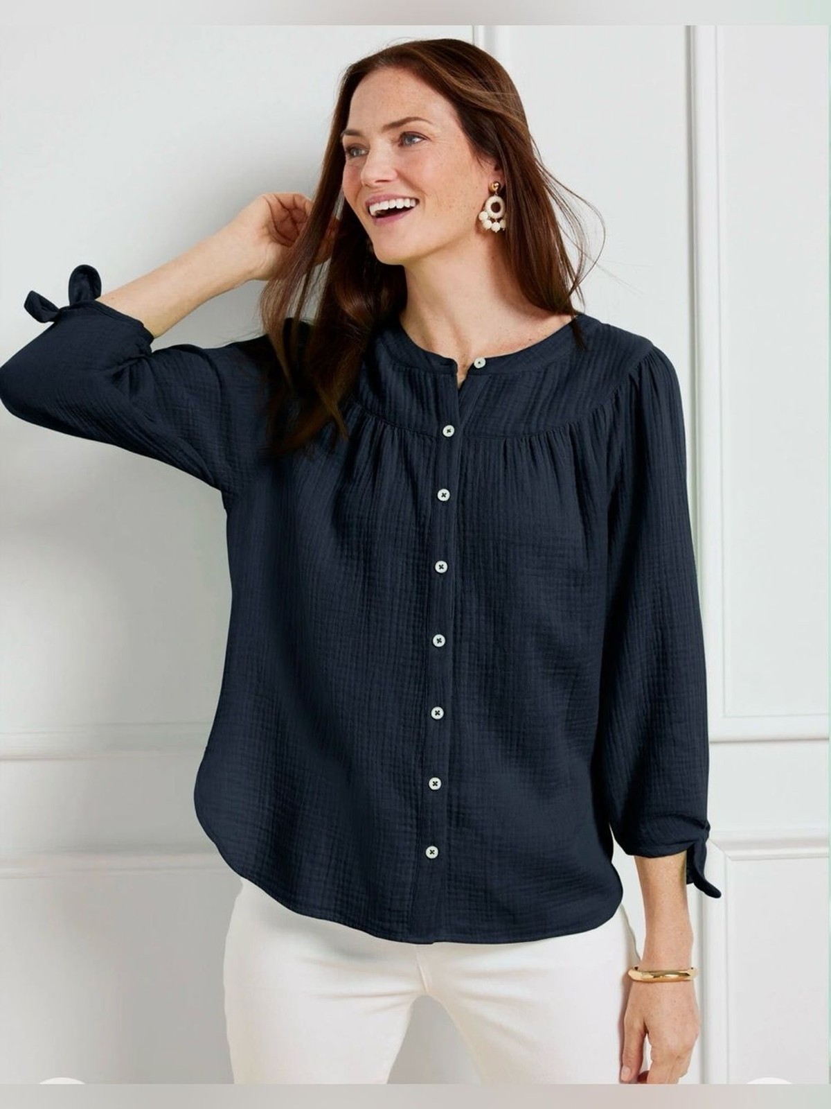 Talbots Airy Gauze Tie-Sleeve Top Navy Size 1XP