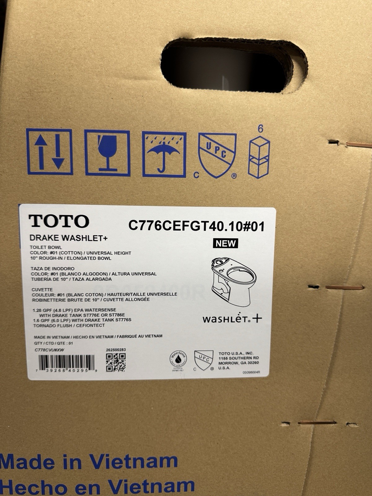 TOTO Drake C776CEFGT40.10#01 WASHLET+ Elongated Toilet Bowl 10” Cotton